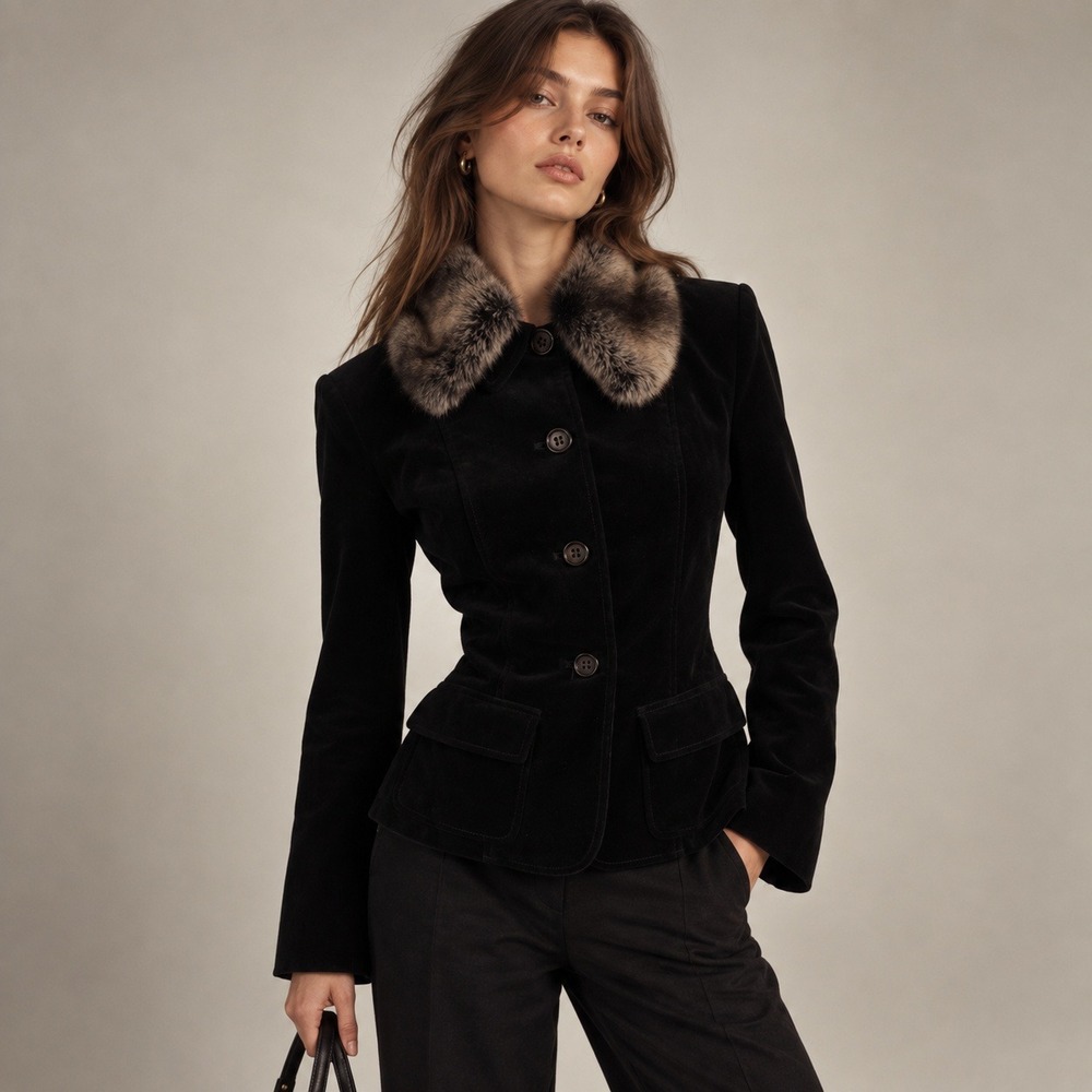 Vintage 90s Kenneth Cole Velvet Blazer Women 2 Black Removable Faux Fur Collar